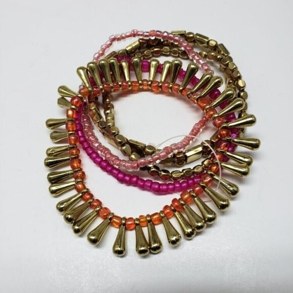 Women's Stylish Set of 5 Gold-tone Layered of Colorful Beaded Stretch Bracelets - Picture 2 of 9
